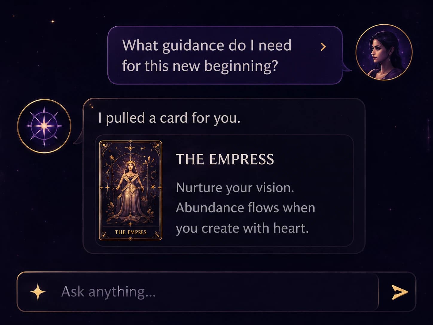 A mystical AI tarot chat interface with a card pull
