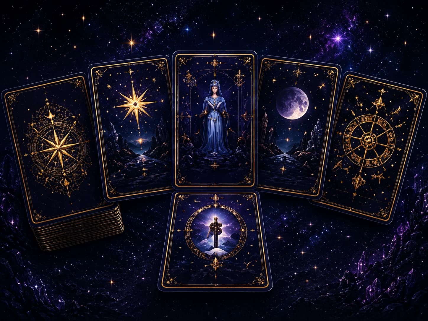 Several Arcana Noctis tarot cards arranged for a reading