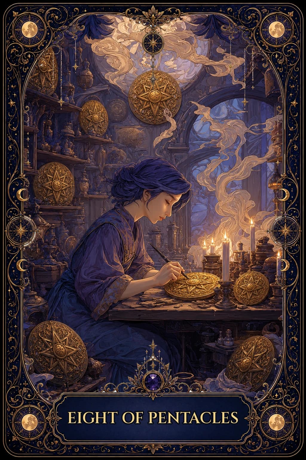 Eight of Pentacles, Arcana Noctis base deck